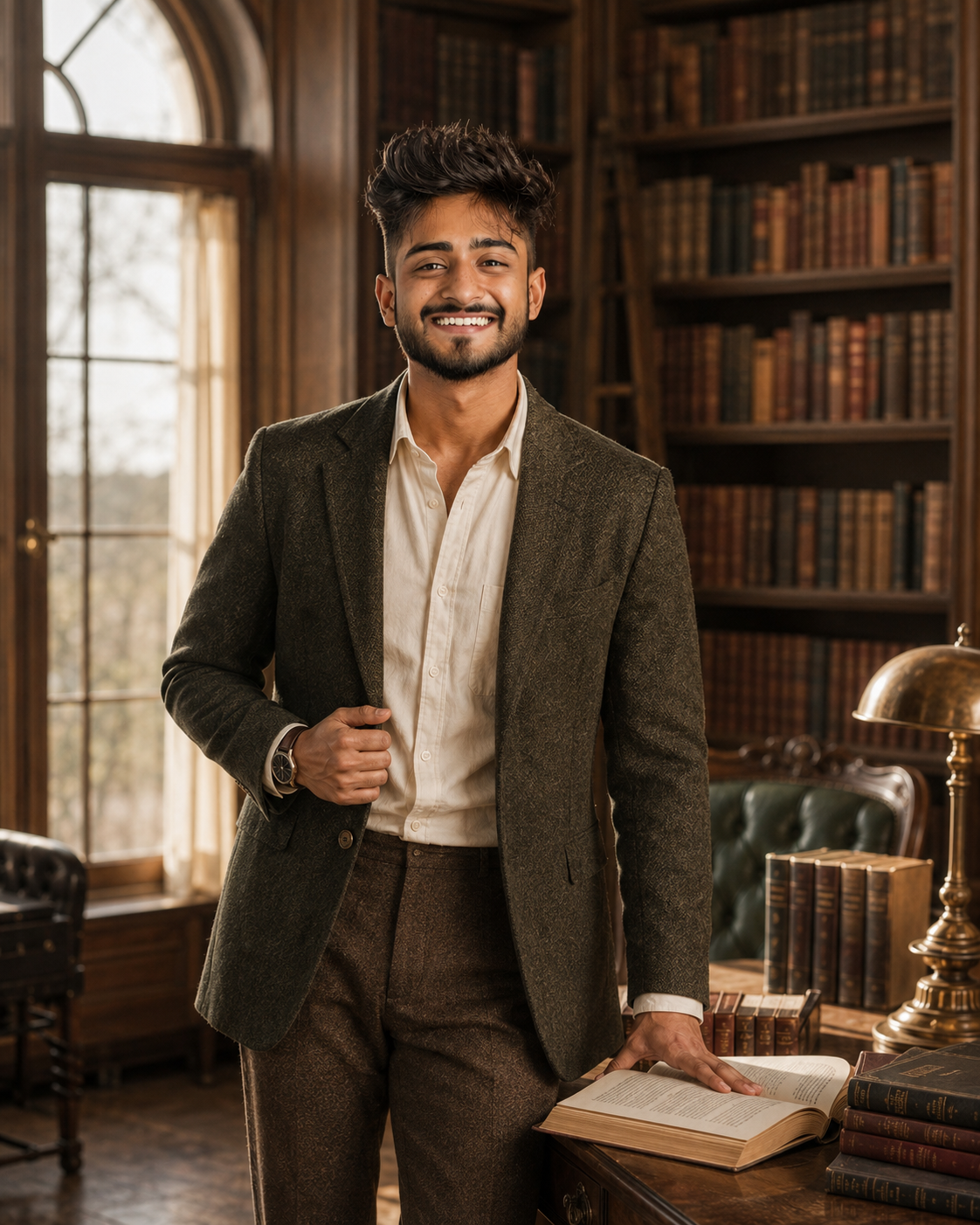 Warm Library Portrait With Rich Brown Tones