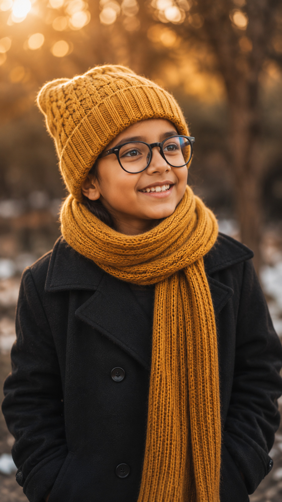 Kids Cozy Winter Portrait With Mustard Scarf
