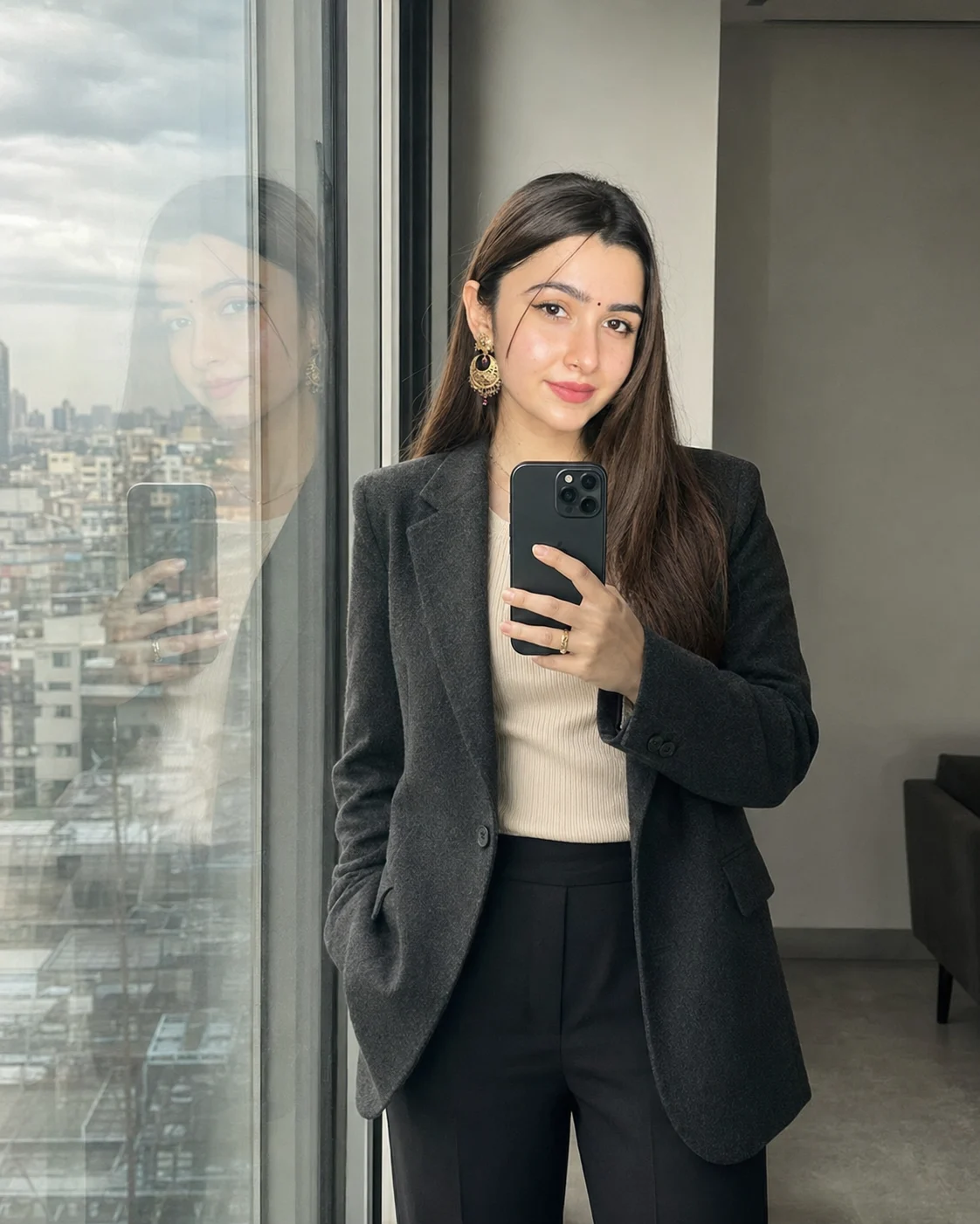 Editorial Window Reflection Selfie Portrait