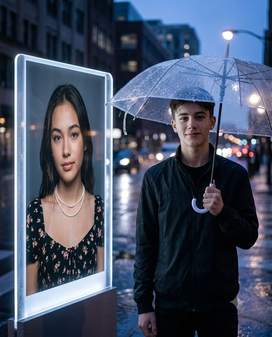 Rainy Night Boy With Girl Portrait Panel