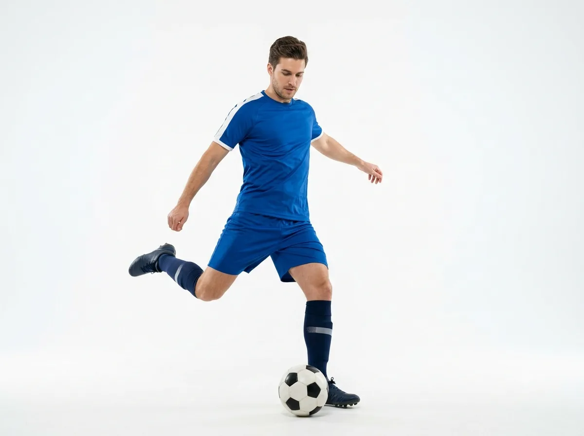 Blue Football Action Portrait on White Background