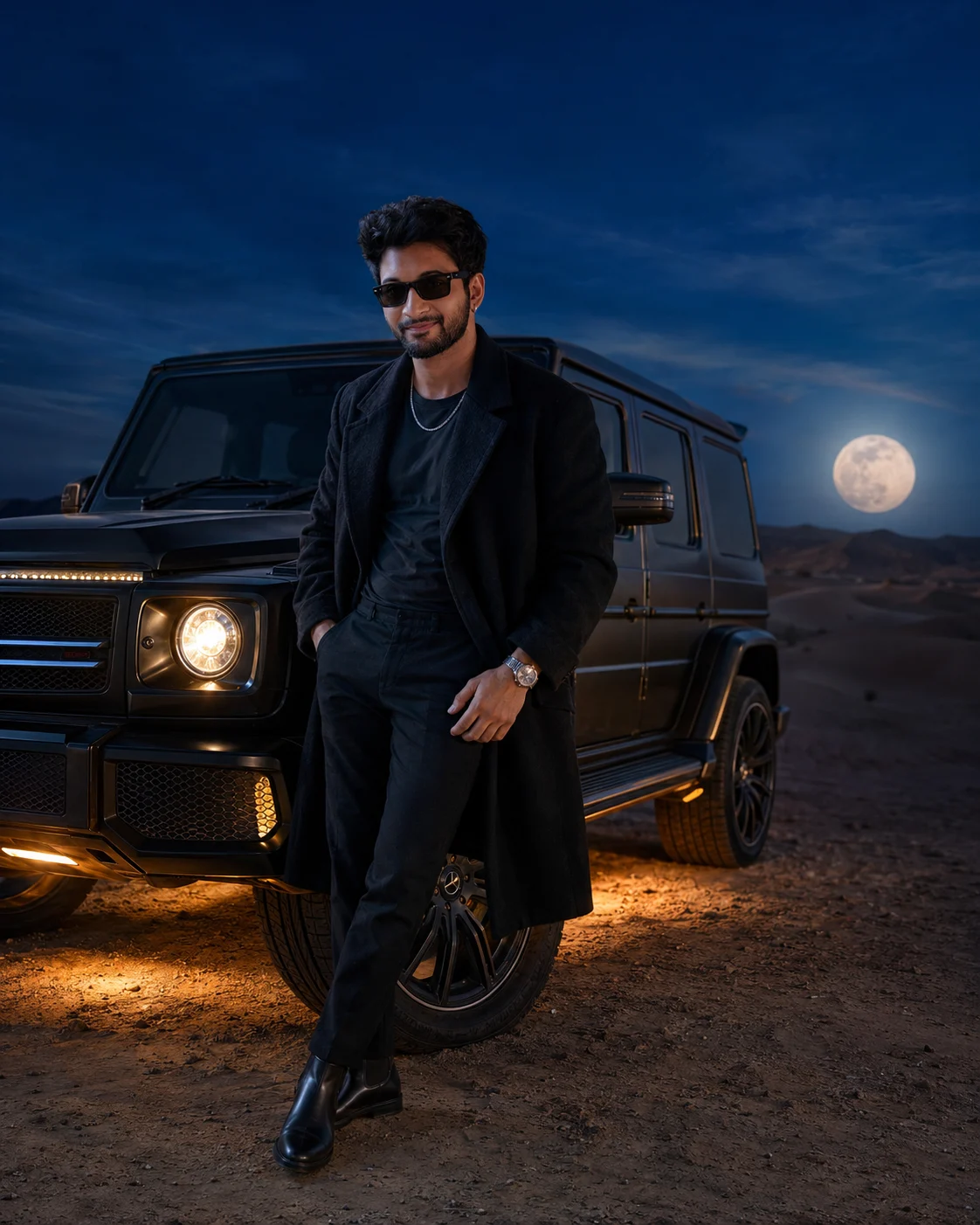 Black Luxury Desert Cinematic SUV Portrait
