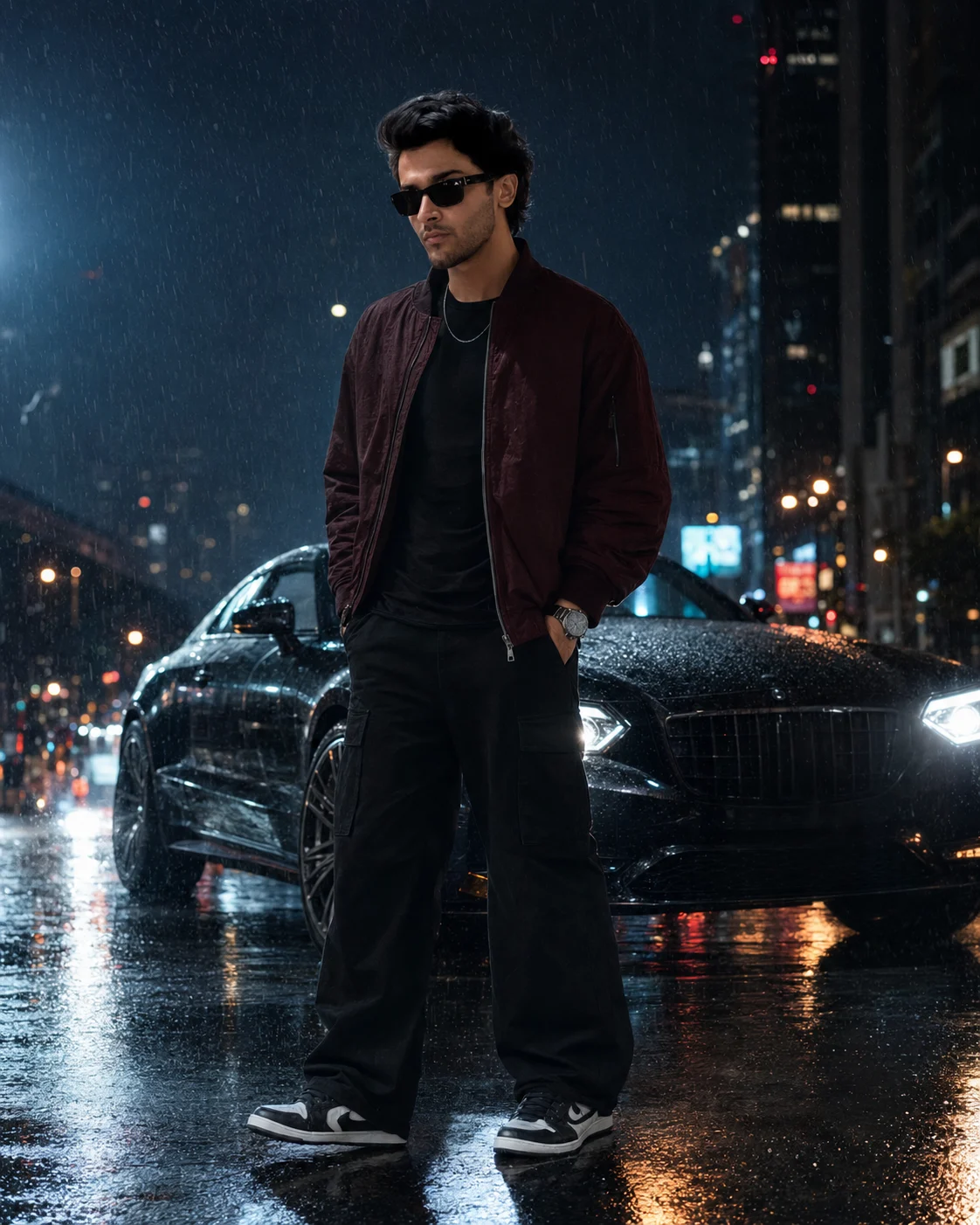 Midnight Rain Luxury Car Fashion Portrait