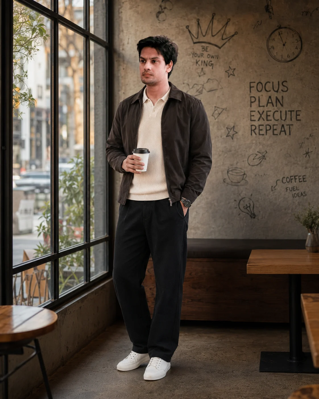 Minimalist Cafe Fashion Portrait With Warm Window Light