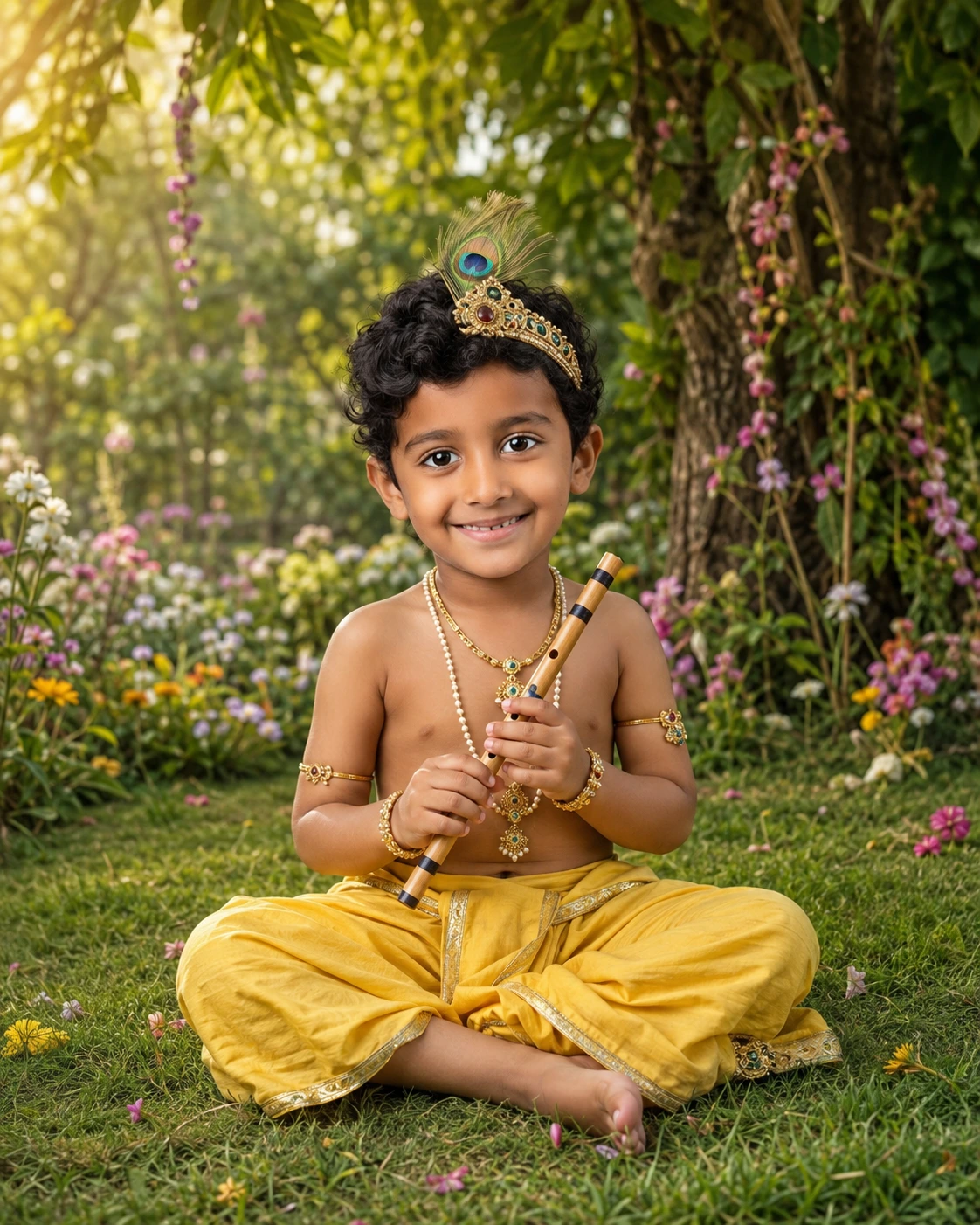 Baby Krishna Vrindavan Garden Portrait Editing Prompts