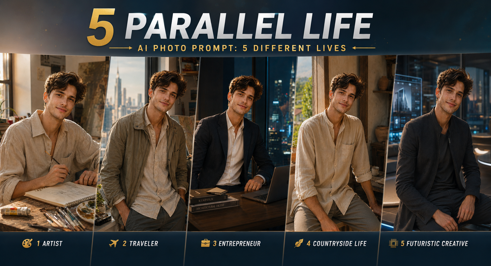 5 Parallel Life AI Photo Prompt: 5 Different Lives