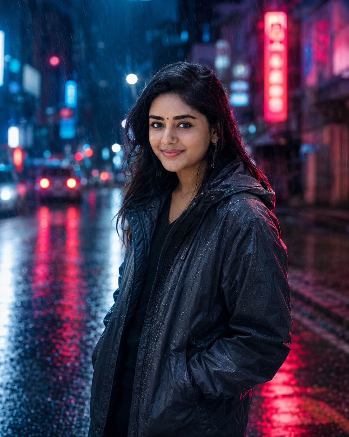 Rainy Neon Reflection Cinematic Portrait