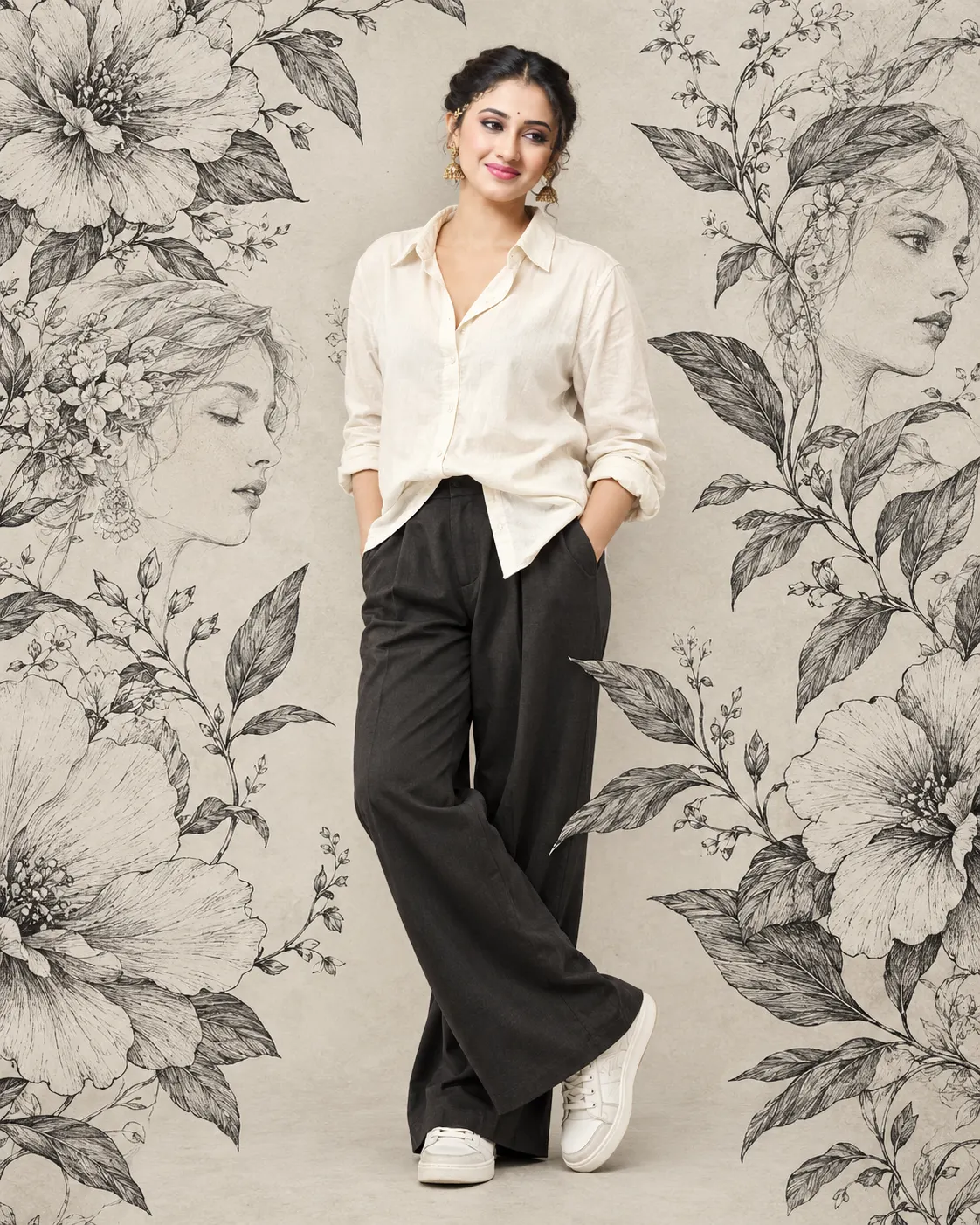 TITLE Floral Fashion Portrait With Botanical Line Art