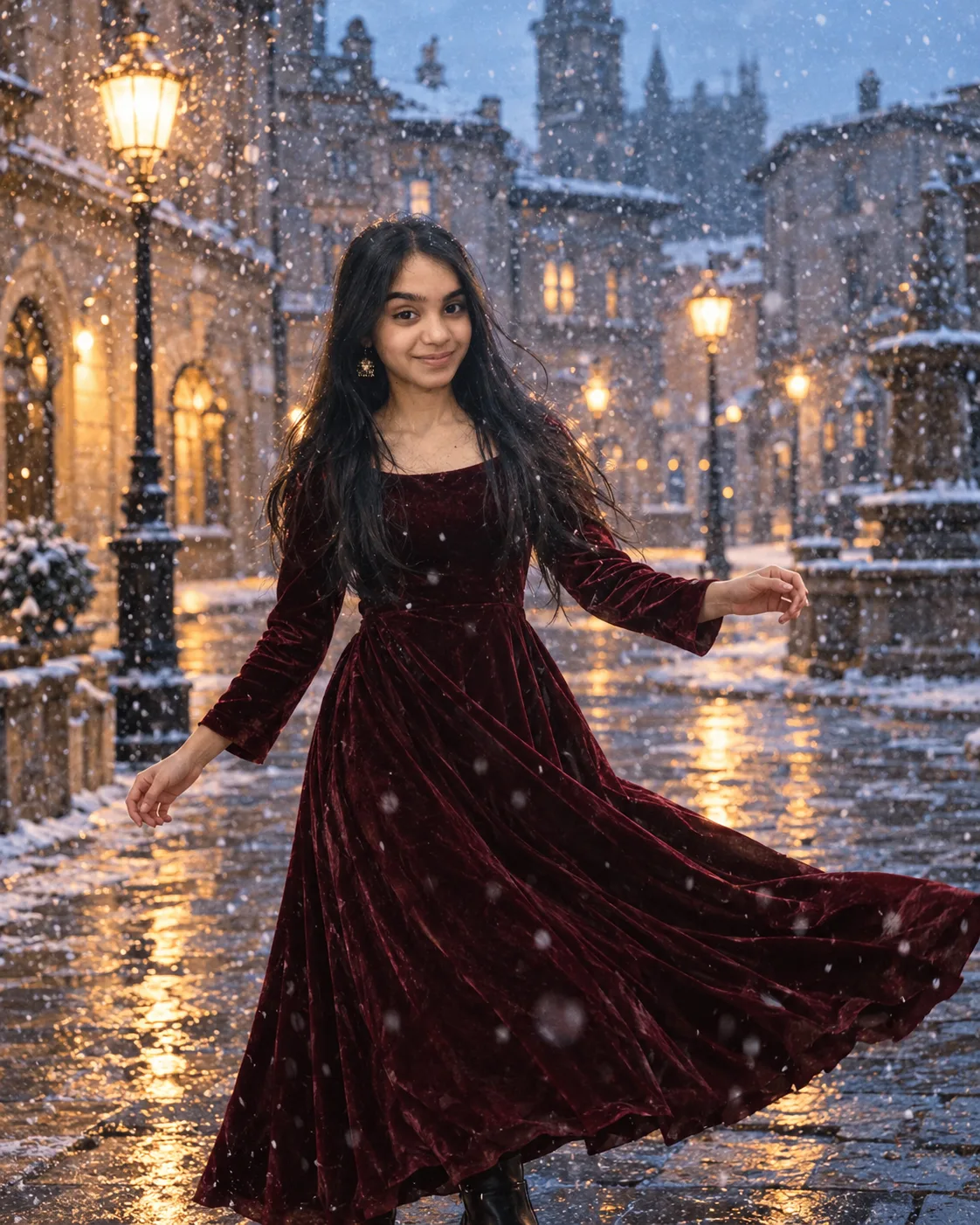 Winter Snowfall Dance Portrait in a Vintage Square