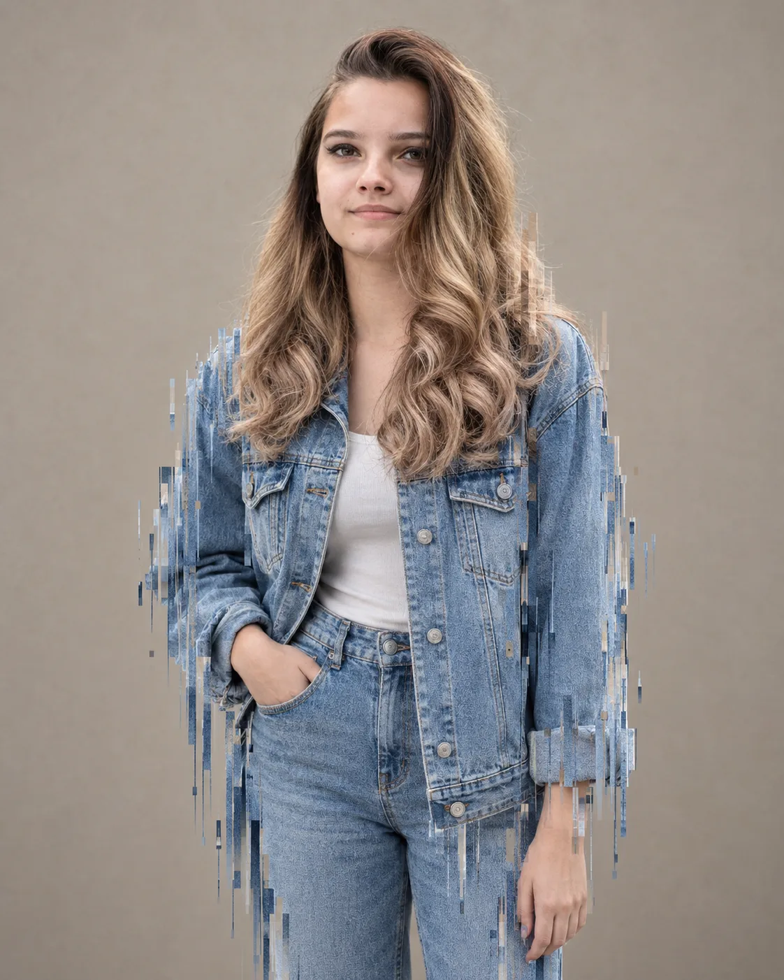 Casual Denim-on-Denim Glitch Portrait