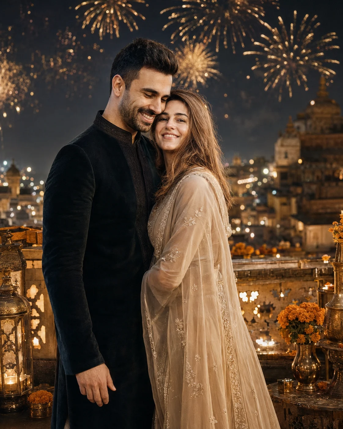 Rooftop Fireworks Romantic Couple Portrait