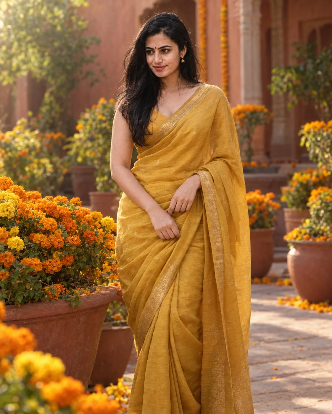 Marigold Courtyard Saree Editorial Portrait