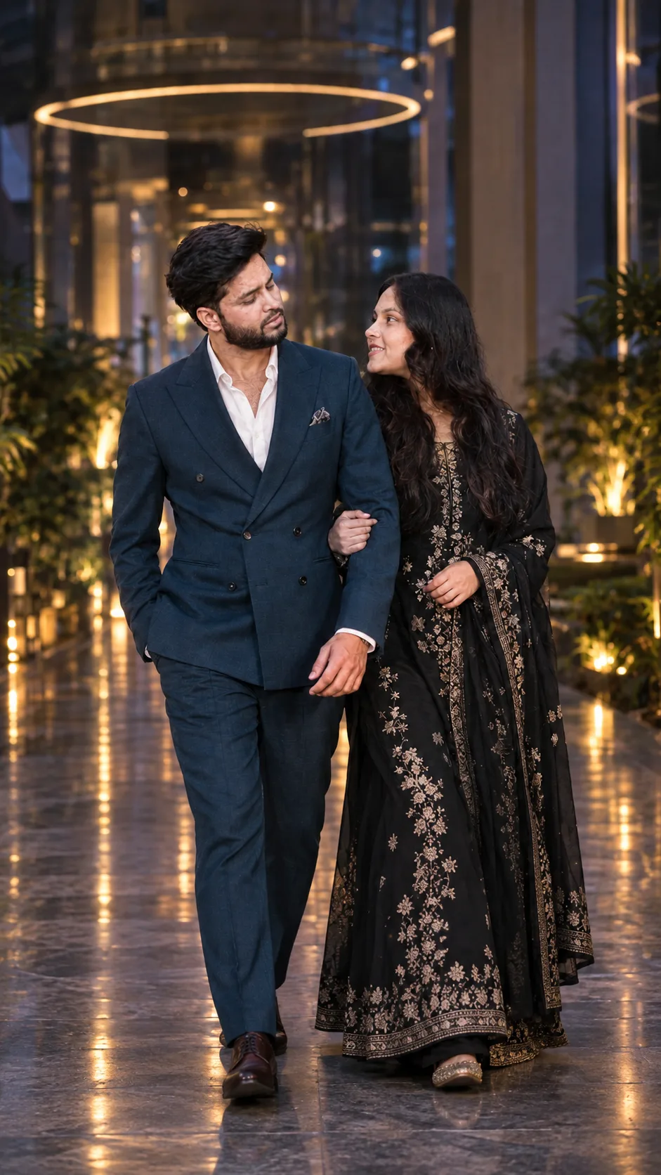 Cinematic Couple Walk In Teal Blue Luxury Interior
