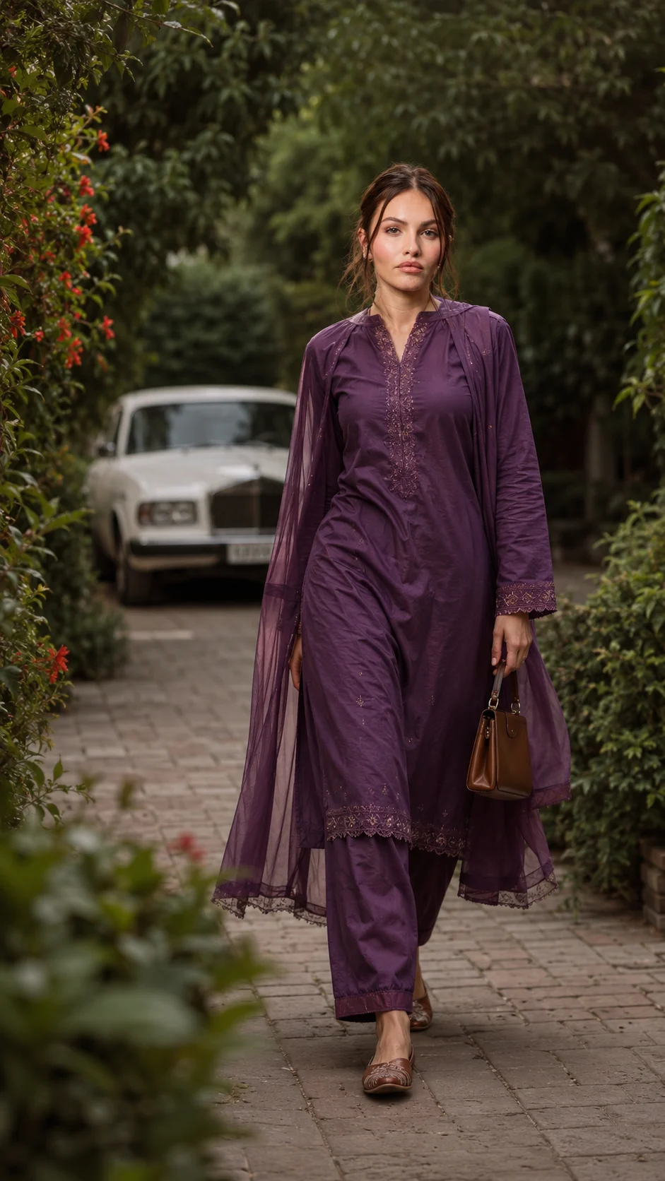 Cinematic Purple Salwar Garden Portrait