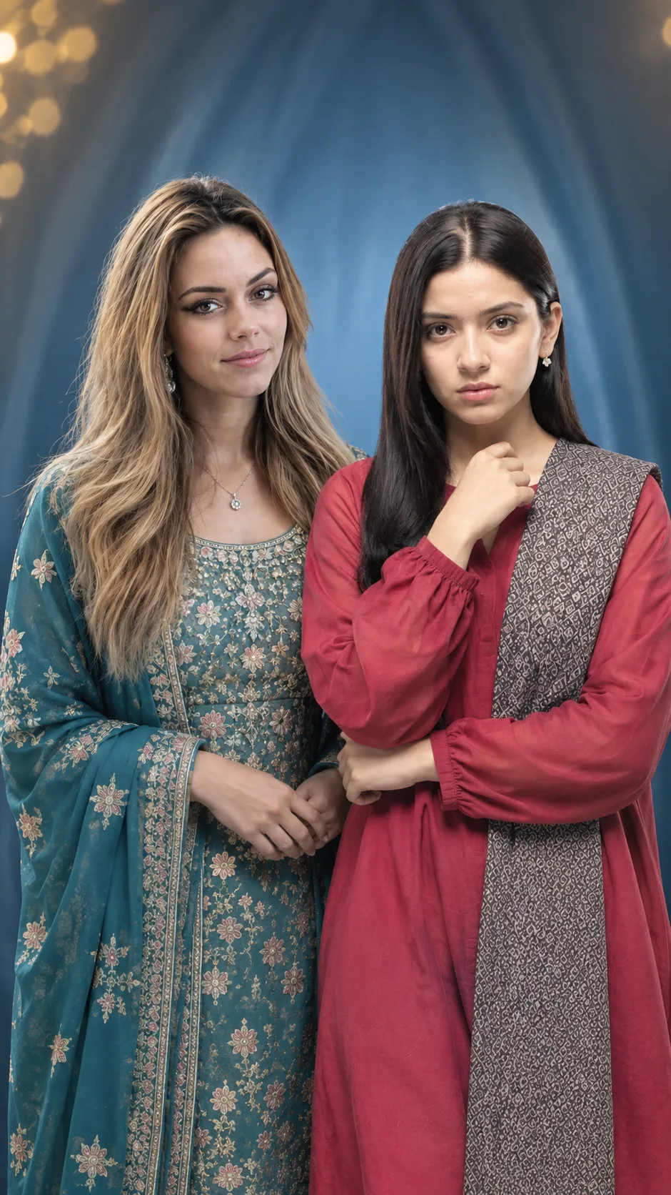 Traditional Twin Portrait in Blue Studio Lighting