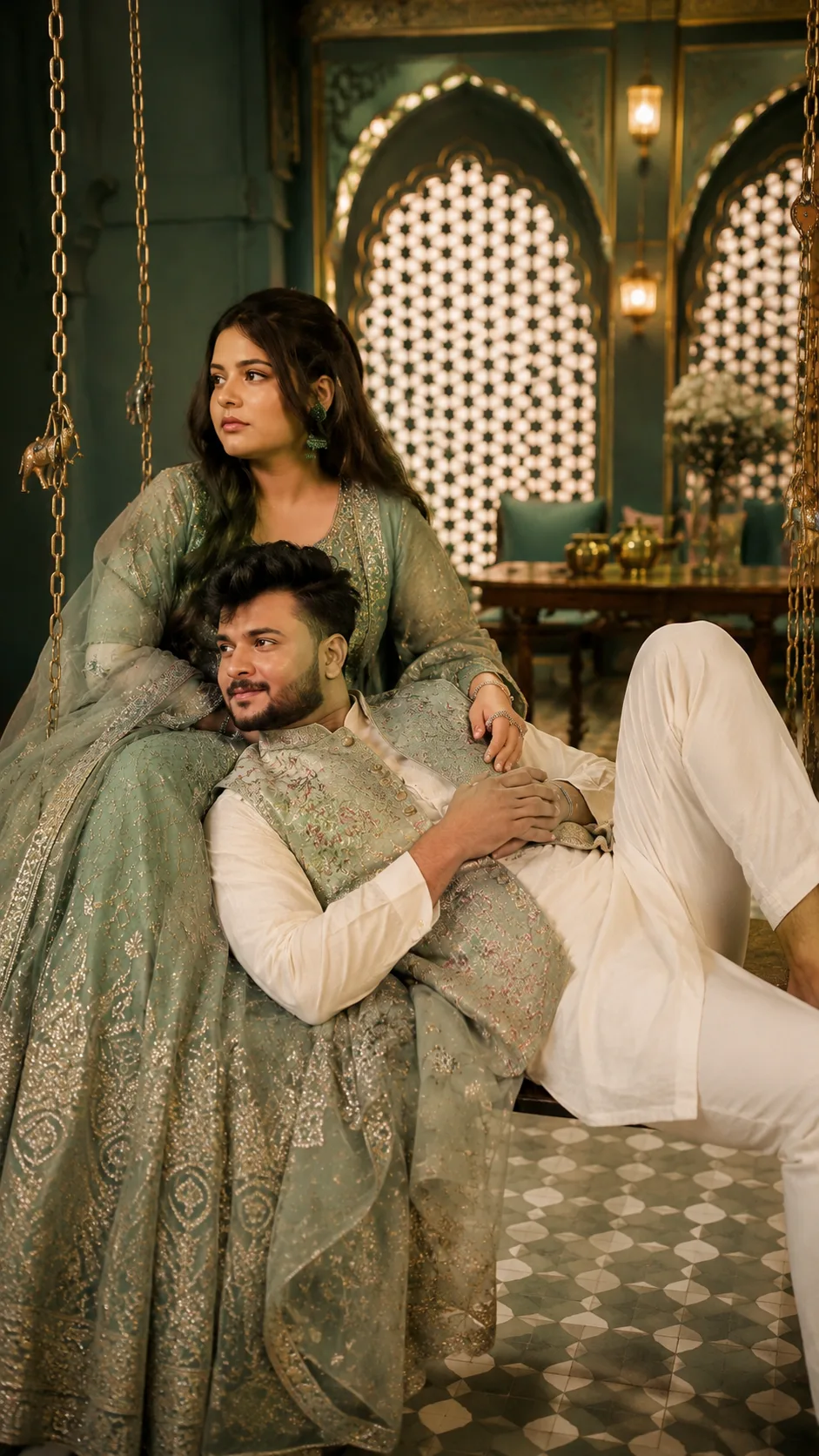 Royal Sage-Green Palace Couple Portrait