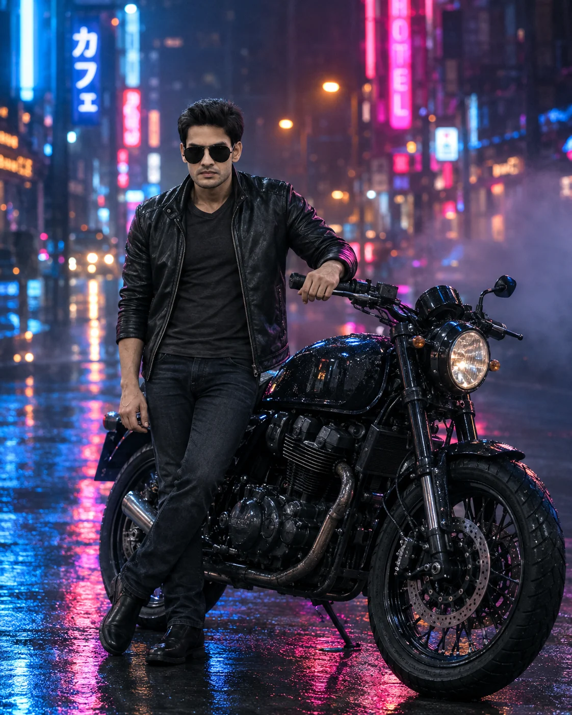 Cinematic Neon Motorcycle Night Portrait