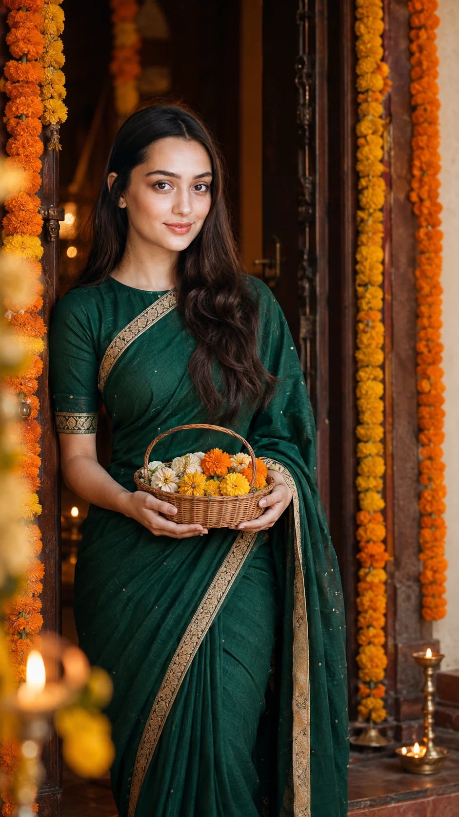 Emerald Saree Marigold Doorway Portrait Look