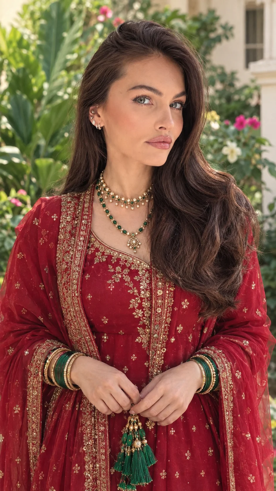 Traditional Red Indian Festive Garden Portrait