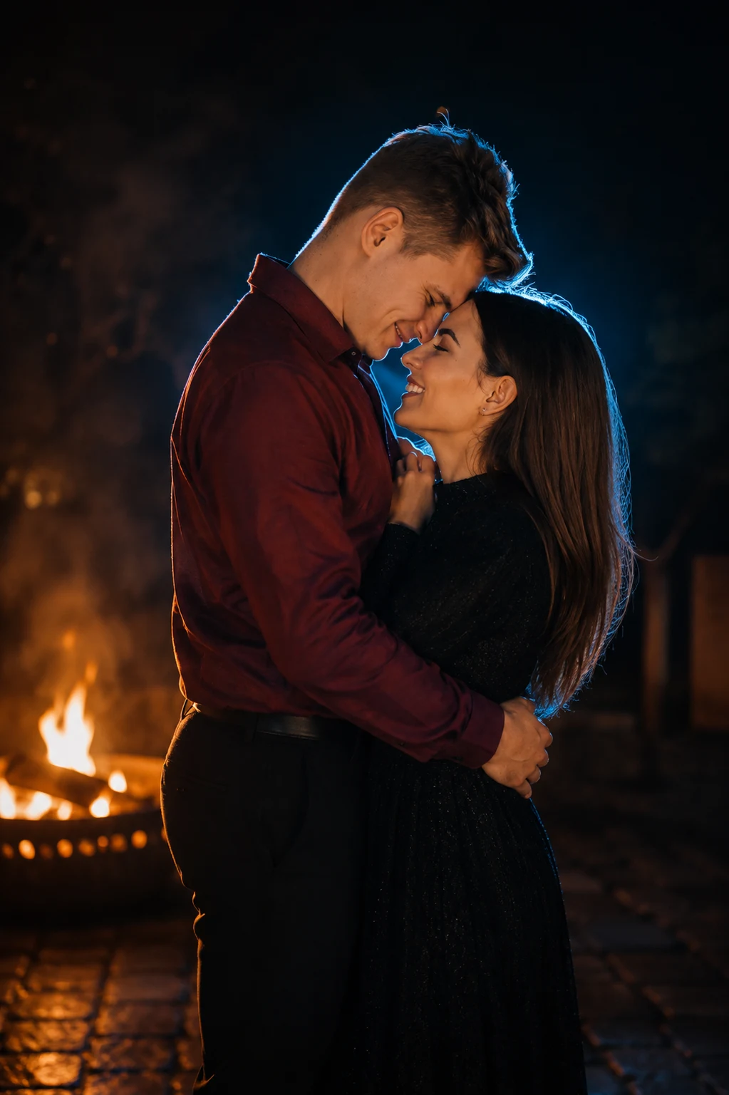 Firelight And Blue Rim Light Couple Portrait