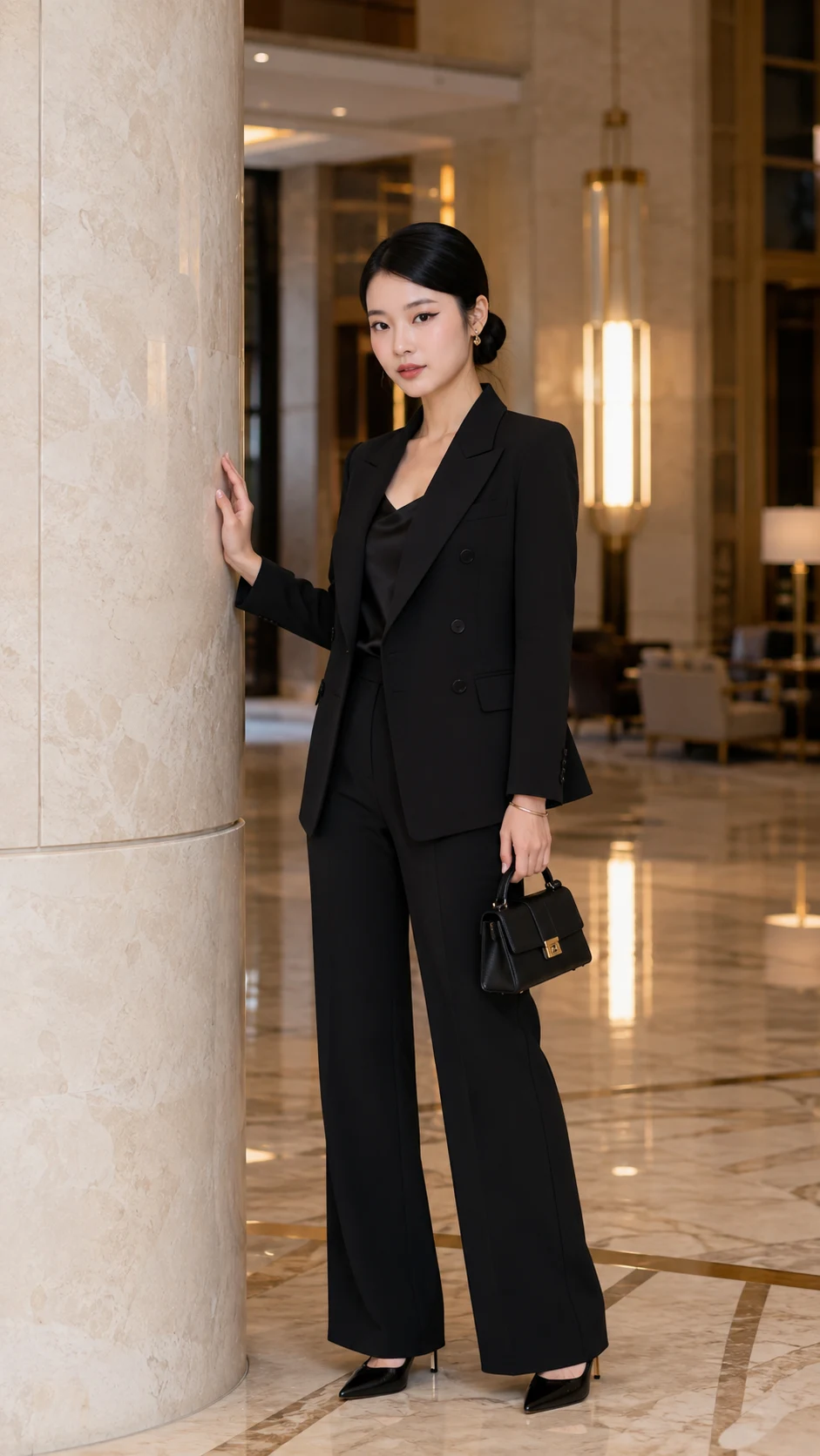 Luxury Hotel Lobby Black Suit Fashion Portrait