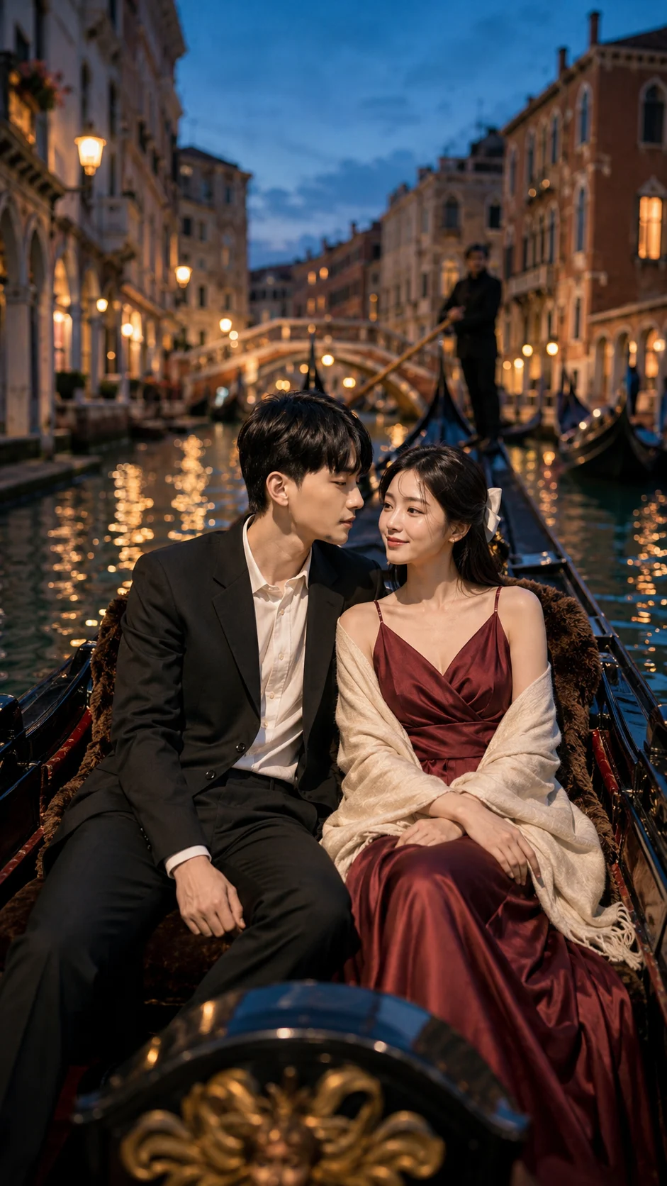 Venetian Gondola Couple Portrait at Blue Hour
