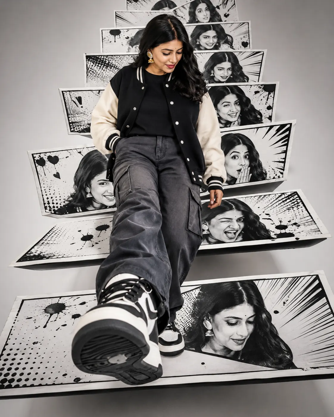Comic Staircase Fashion Portrait AI Photo Prompt