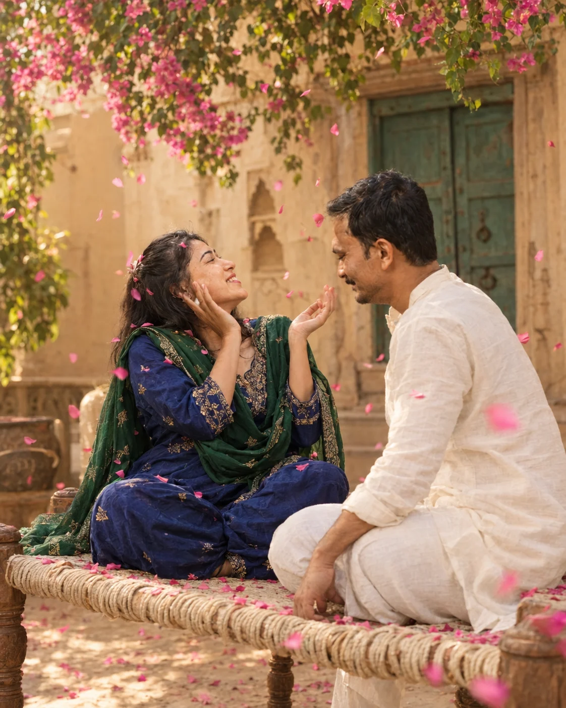 Rajasthani Courtyard Couple Portrait with Flying Petals
