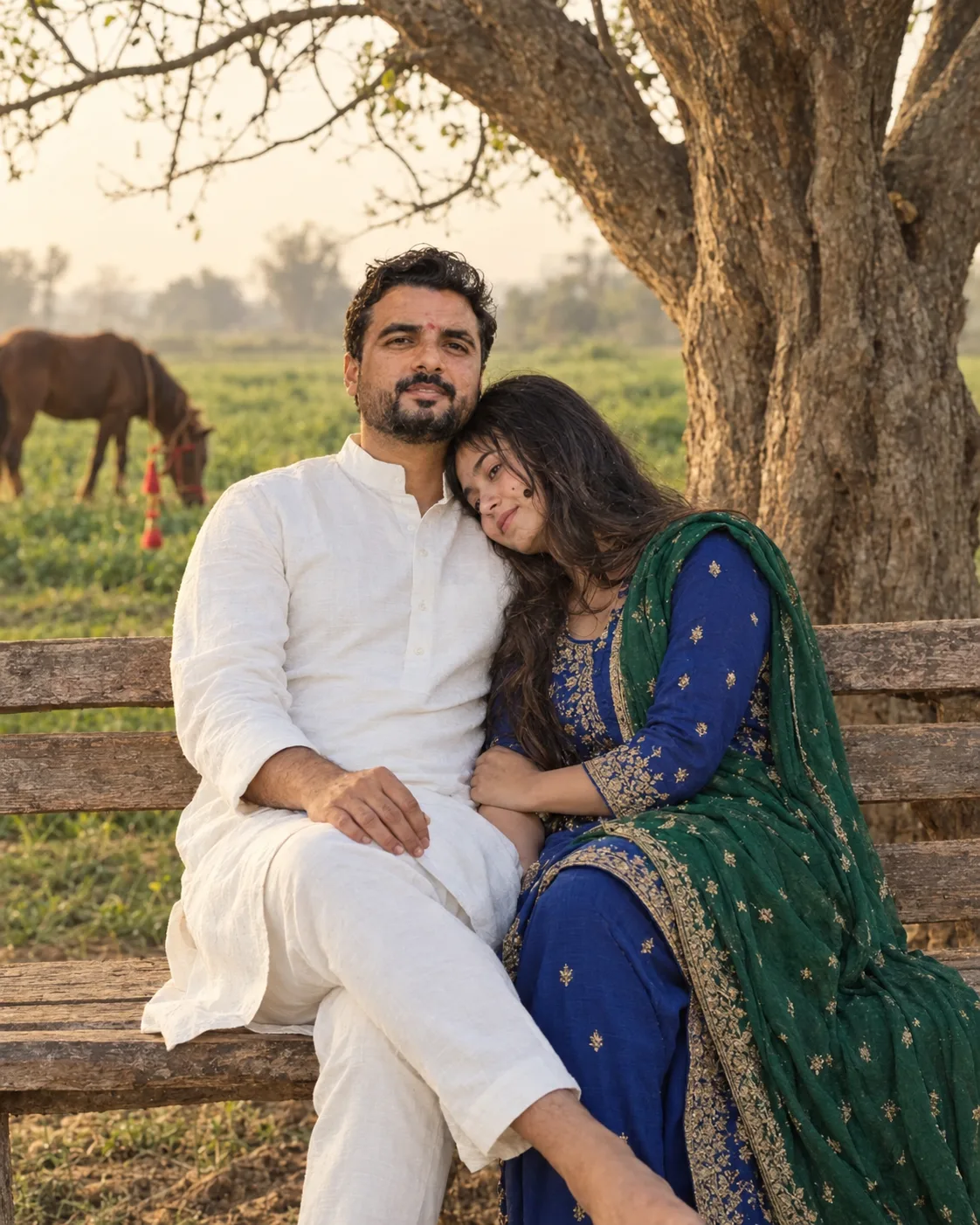 Romantic Countryside Couple Portrait in Traditional Indian Wear