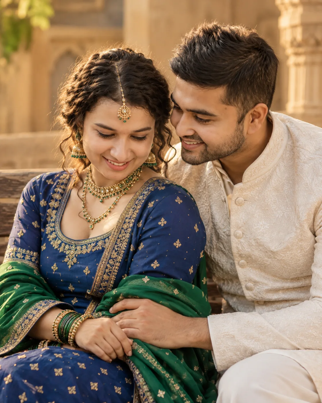 Romantic Indian Couple Portrait in Royal Blue and Ivory
