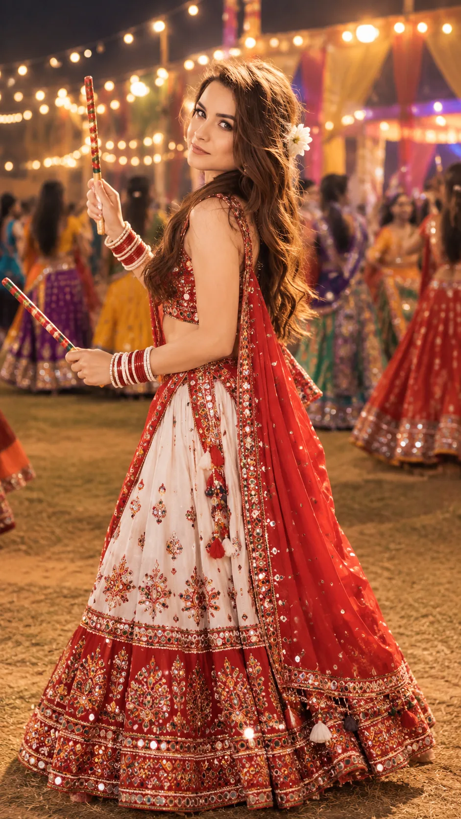 Retro Navratri Garba Portrait in Red and White