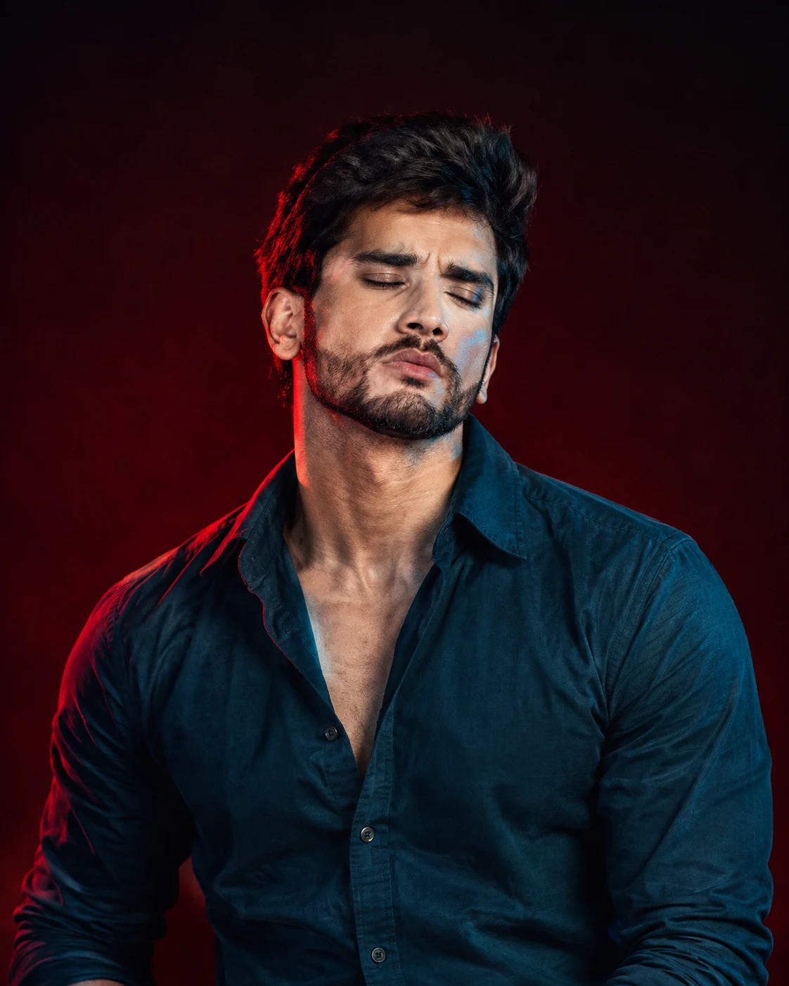 Cinematic Teal and Crimson Studio Portrait