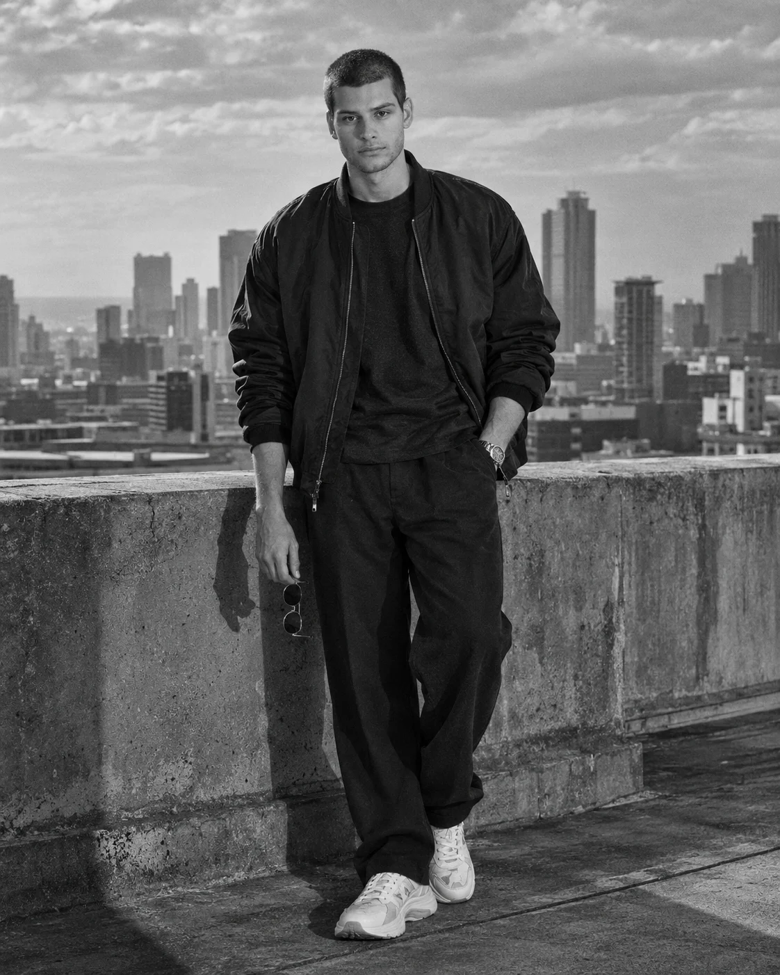 Black and White Rooftop Menswear Editorial Portrait