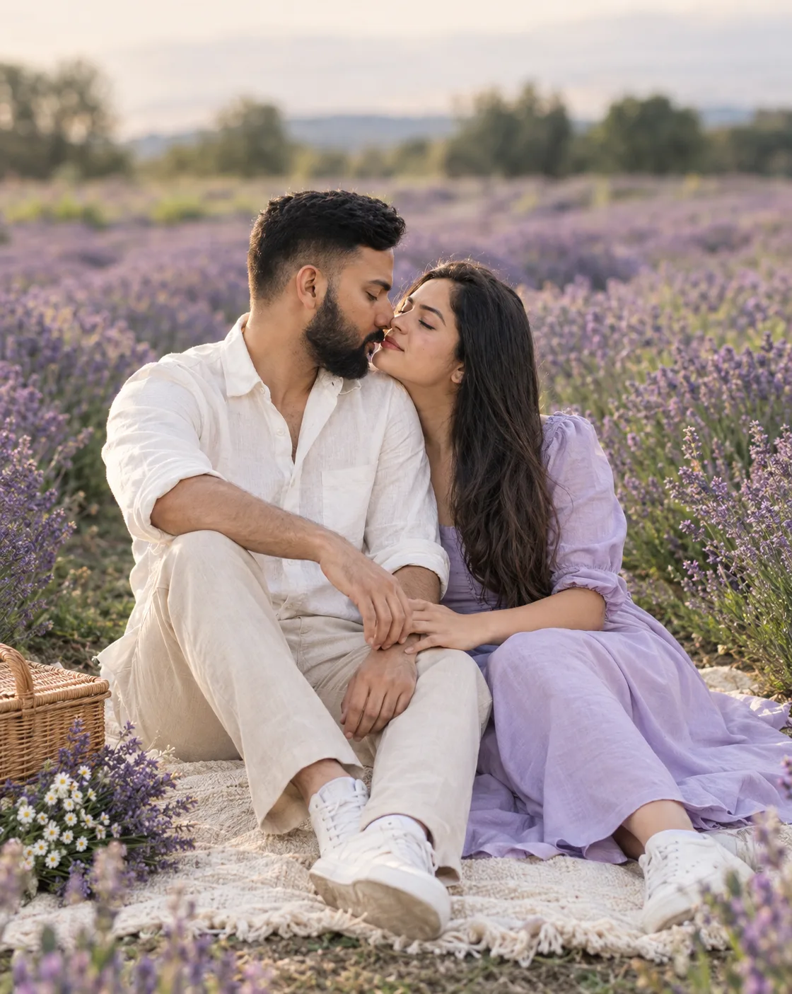 Romantic Lavender Field Couple Picnic Portrait