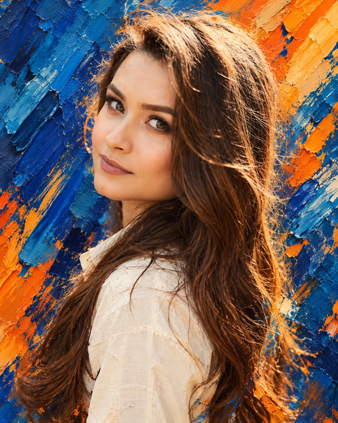 Cobalt Flame Impasto Portrait with Electric Blue and Orange