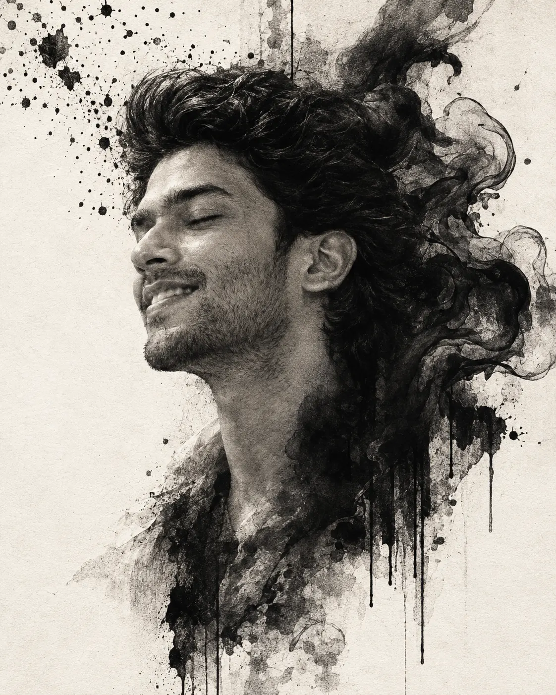 Surreal Charcoal Portrait with Flowing Black Ink