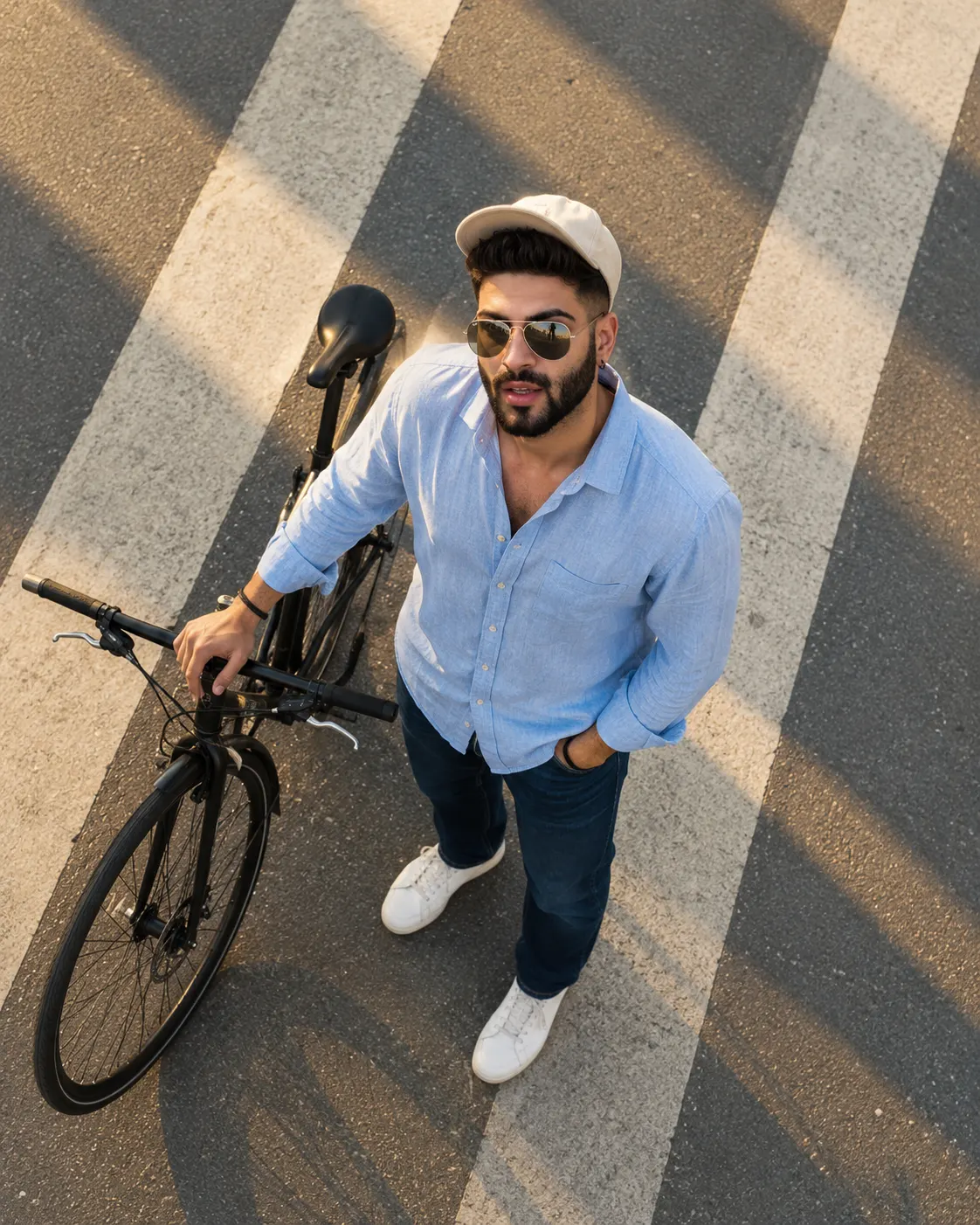 Golden Hour Aerial Streetwear Portrait With Bicycle