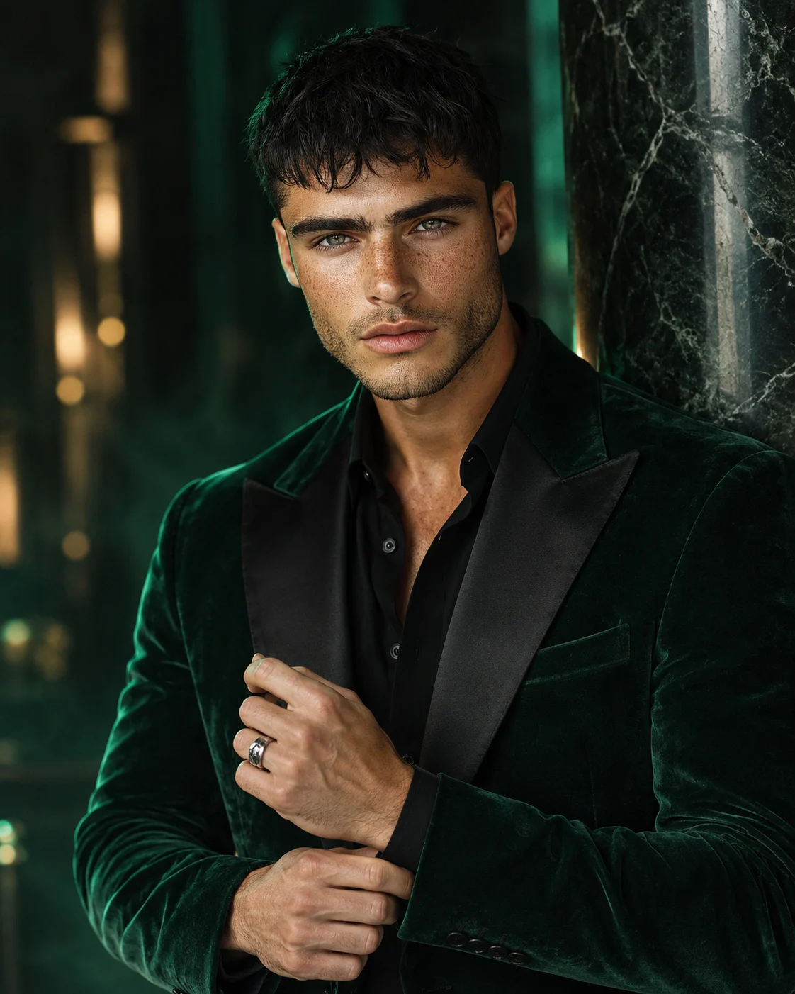 Emerald Velvet Blazer Portrait with Cinematic Green Lighting
