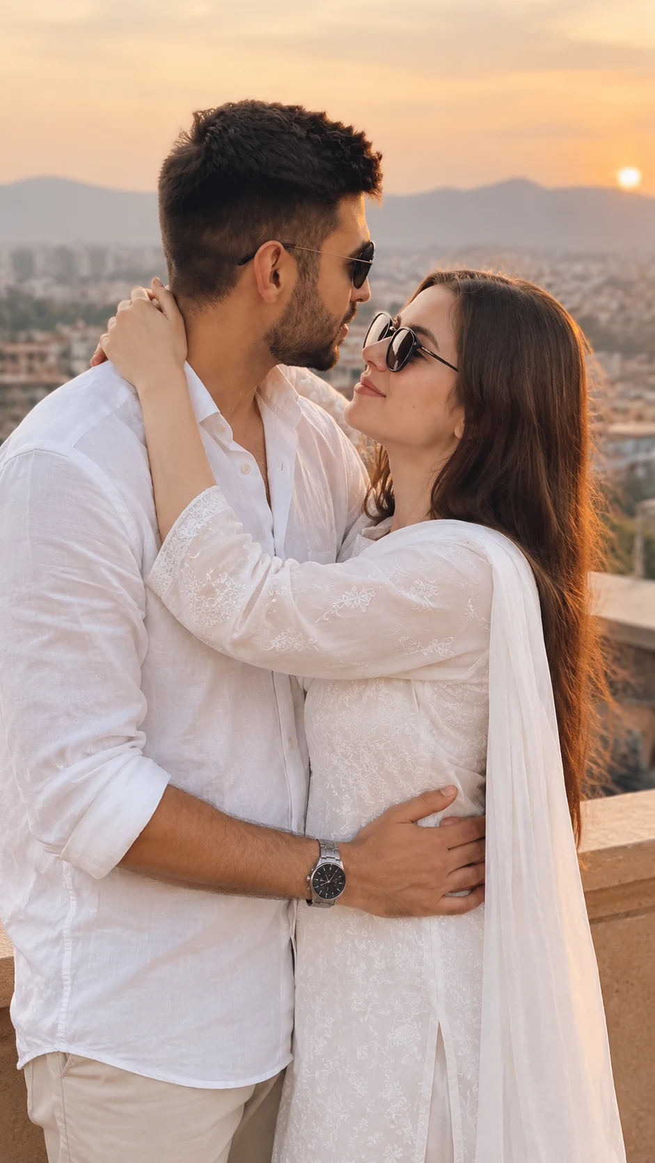 Romantic Couple Portrait on Rooftop at Golden Hour