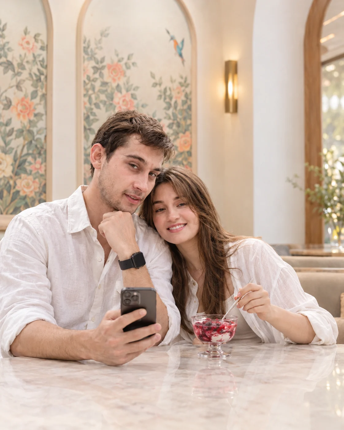 Elegant Couple Café Portrait with Floral Arch Background