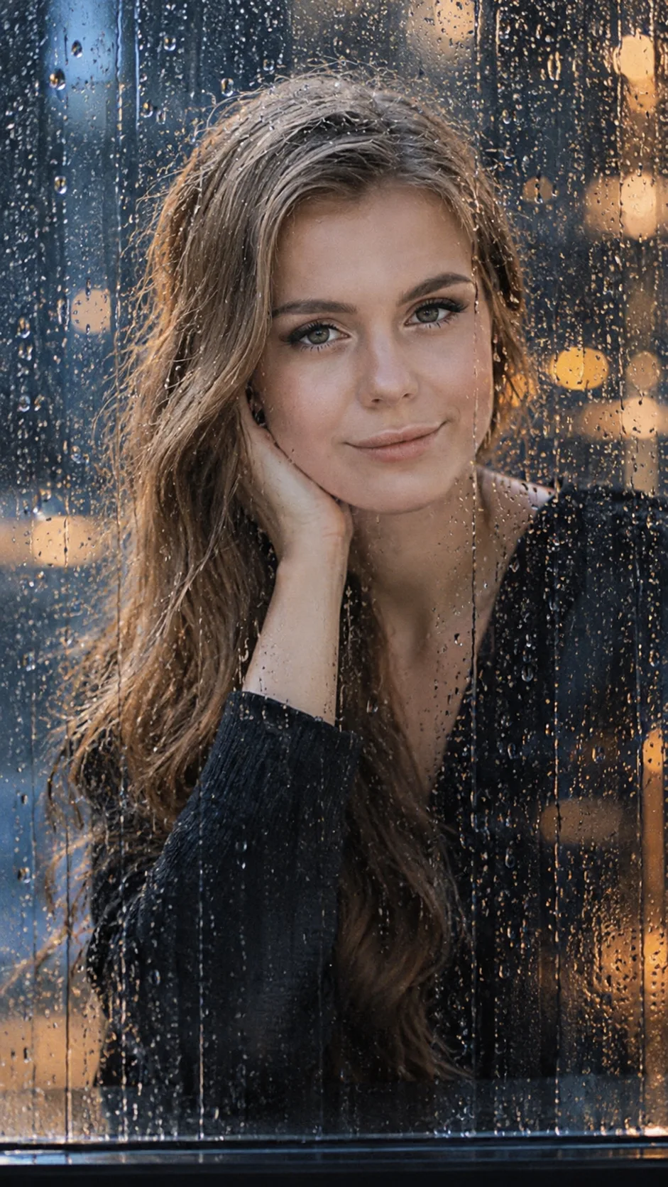 cinematic portrait through rain-covered glass